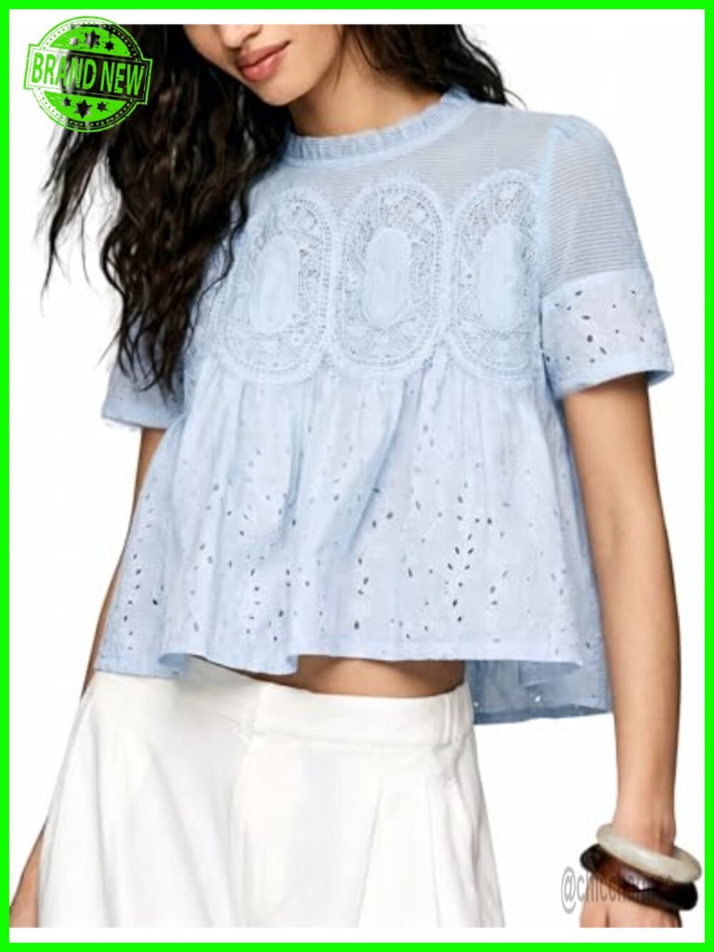Women Lace Eyelet Peplum Top Short Sleeve Babydoll Blouse